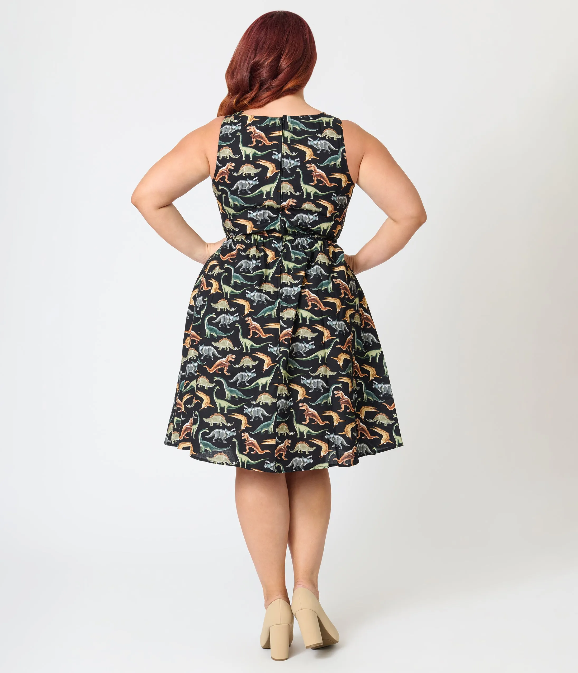 Retrolicious Plus Size Black & Dinosaur Print Cotton Flare Dress sold by Unique Vintage product image thumbnail 2