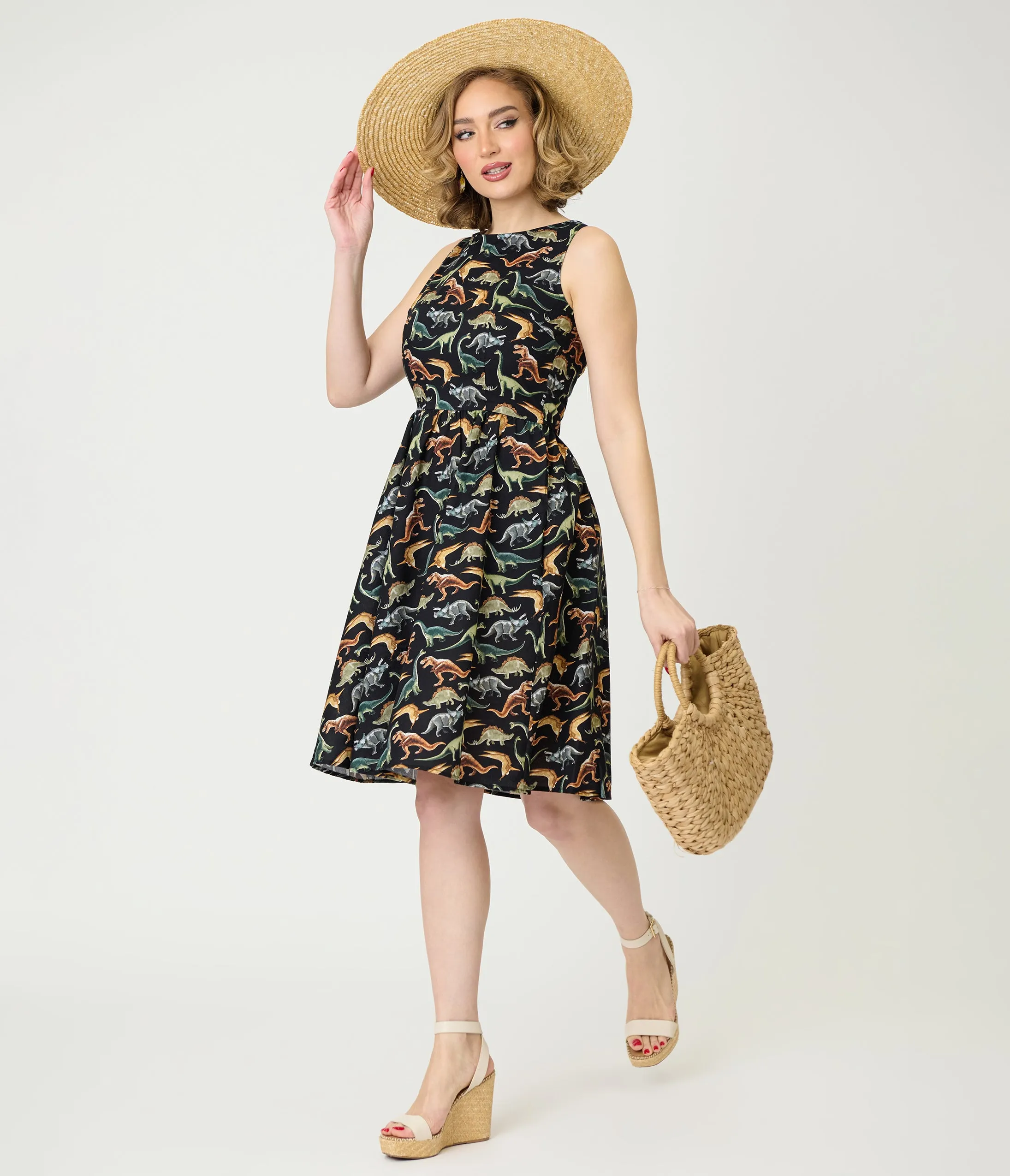 Retrolicious Black & Dinosaur Print Cotton Flare Dress sold by Unique Vintage product image thumbnail 3