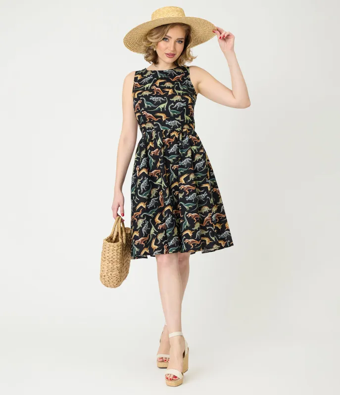 Retrolicious Black & Dinosaur Print Cotton Flare Dress sold by Unique Vintage