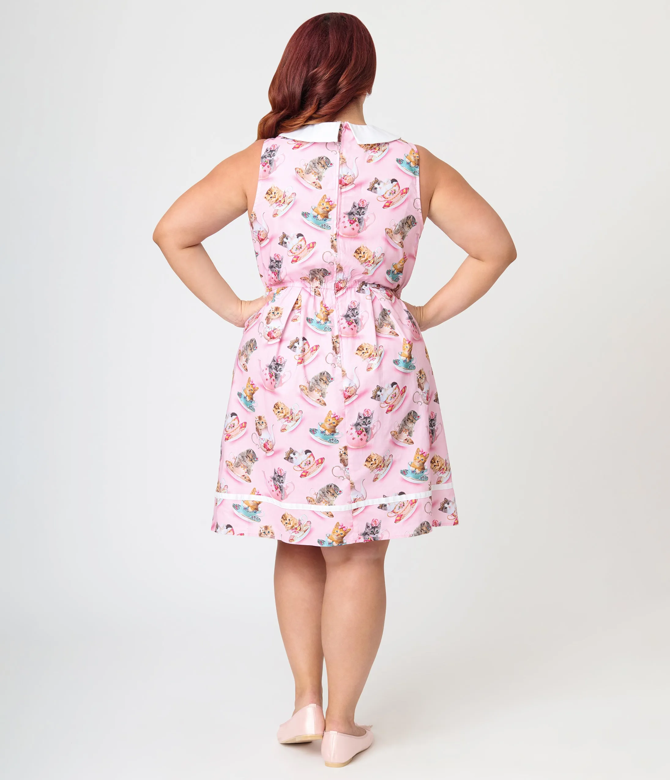 Retrolicious Plus Size Pink Cats & Teacups Cotton Collared Dress sold by Unique Vintage product image thumbnail 2