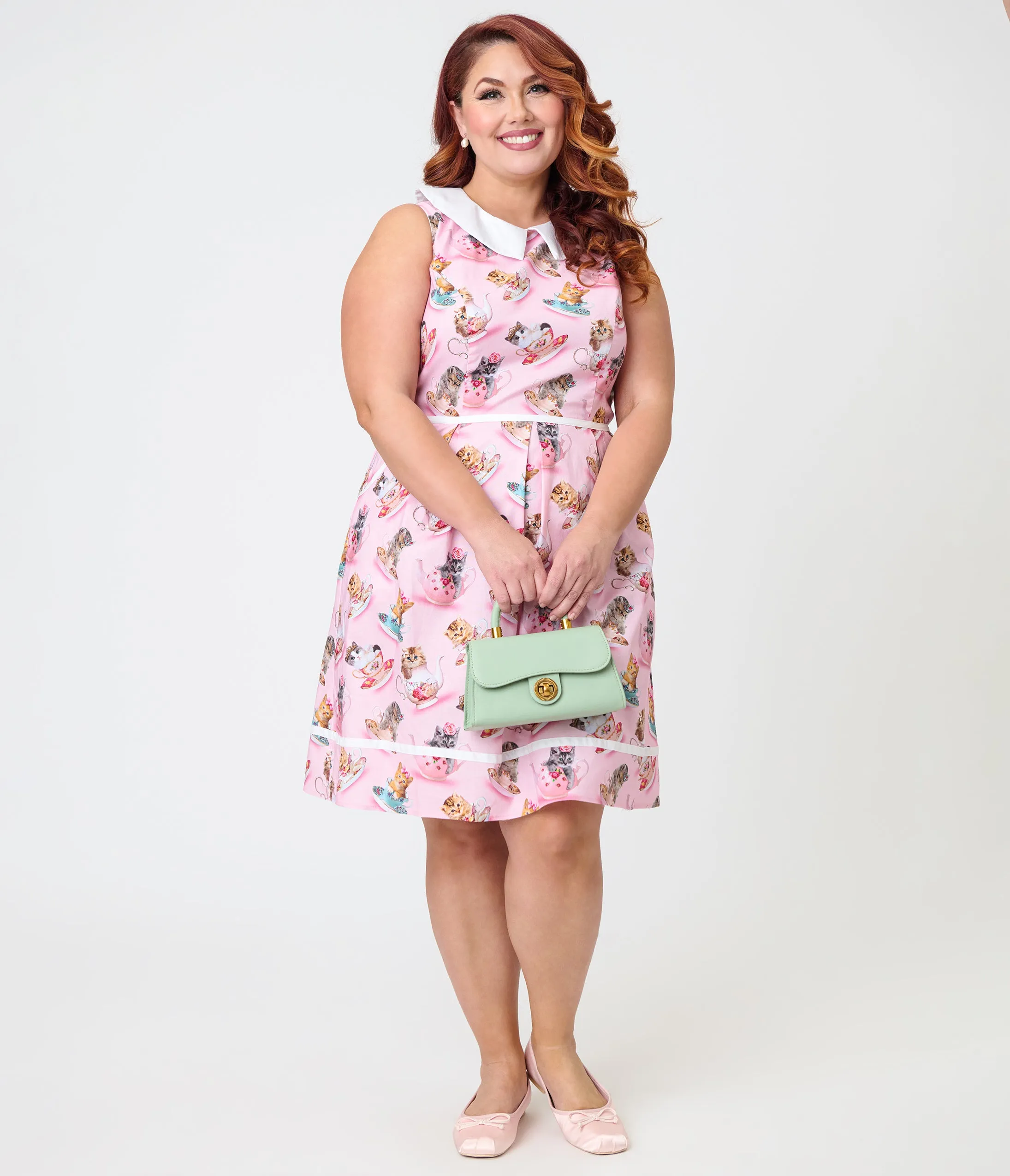 Retrolicious Plus Size Pink Cats & Teacups Cotton Collared Dress sold by Unique Vintage product image thumbnail 4