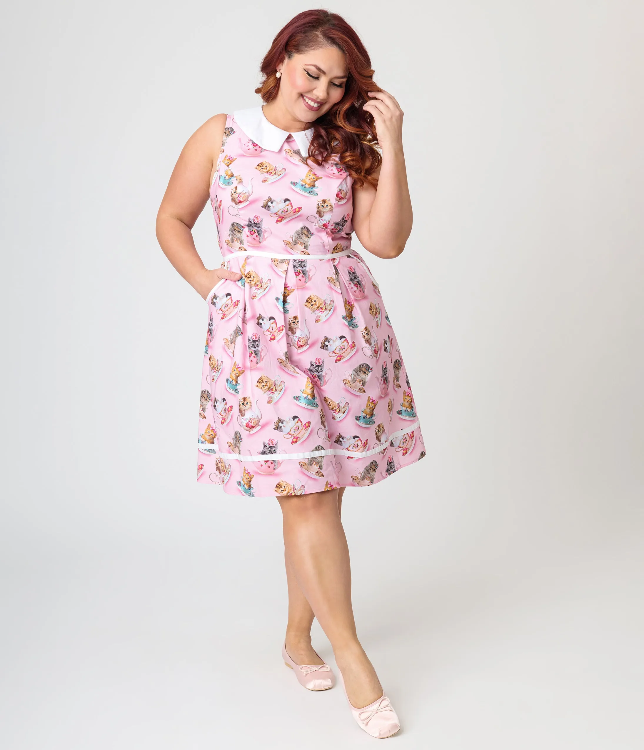 Retrolicious Plus Size Pink Cats & Teacups Cotton Collared Dress sold by Unique Vintage product image thumbnail 3