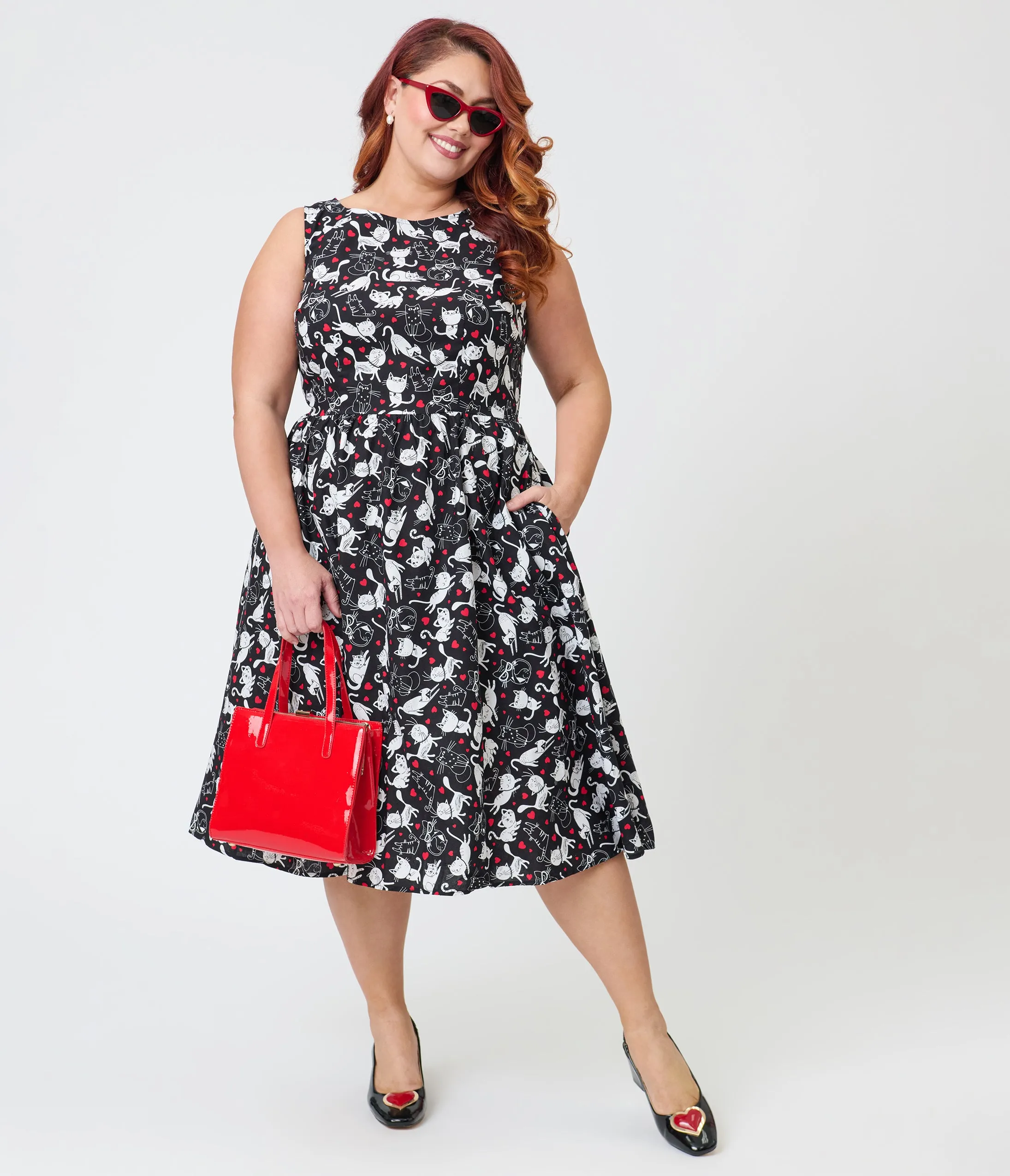 Retrolicious Plus Size Black & White Cats Cotton Midi Dress sold by Unique Vintage product image thumbnail 3