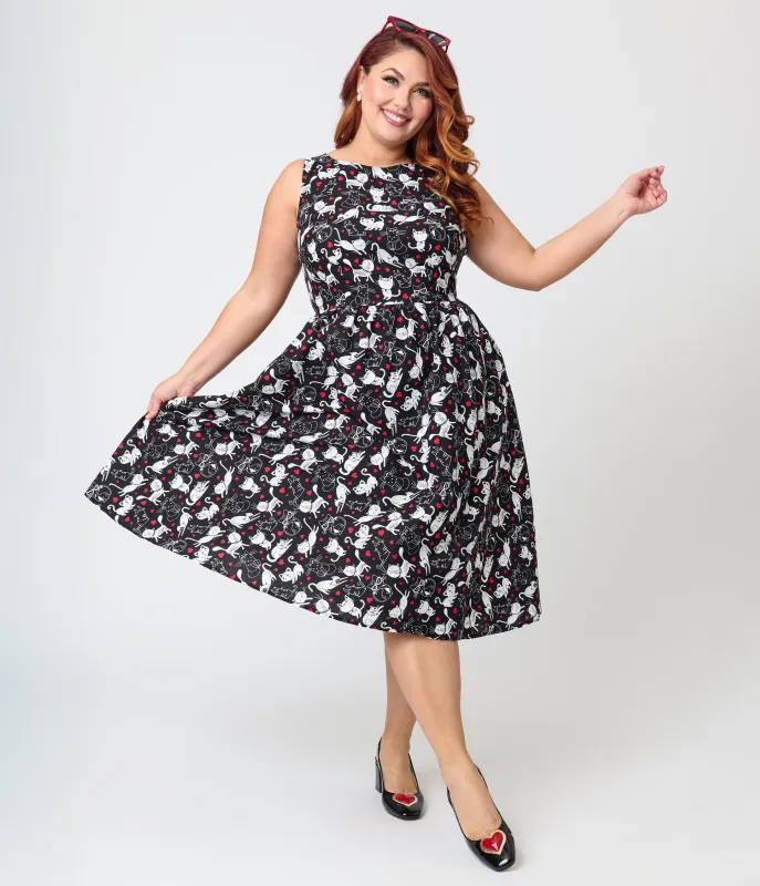 Retrolicious Plus Size Black & White Cats Cotton Midi Dress sold by Unique Vintage