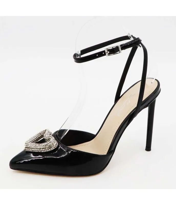 Black Patent Leatherette Rhinestone Heart Pumps sold by Unique Vintage