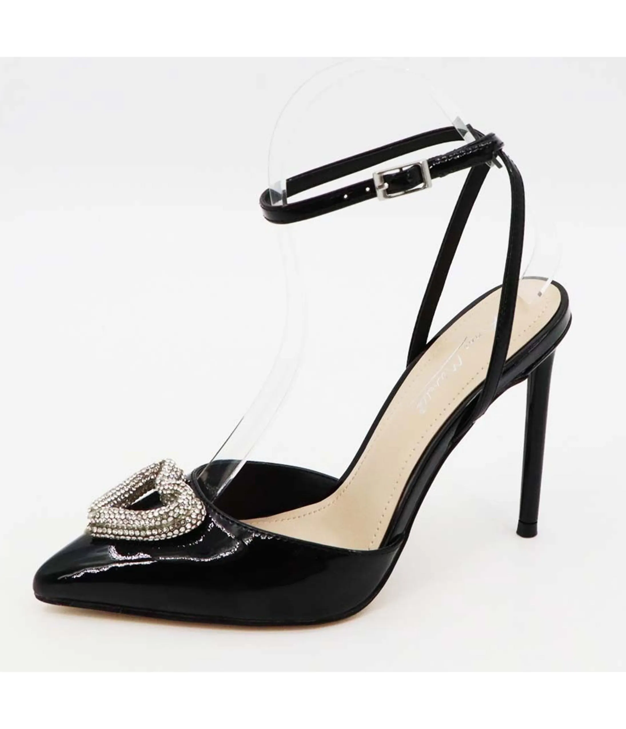Black Patent Leatherette Rhinestone Heart Pumps sold by Unique Vintage