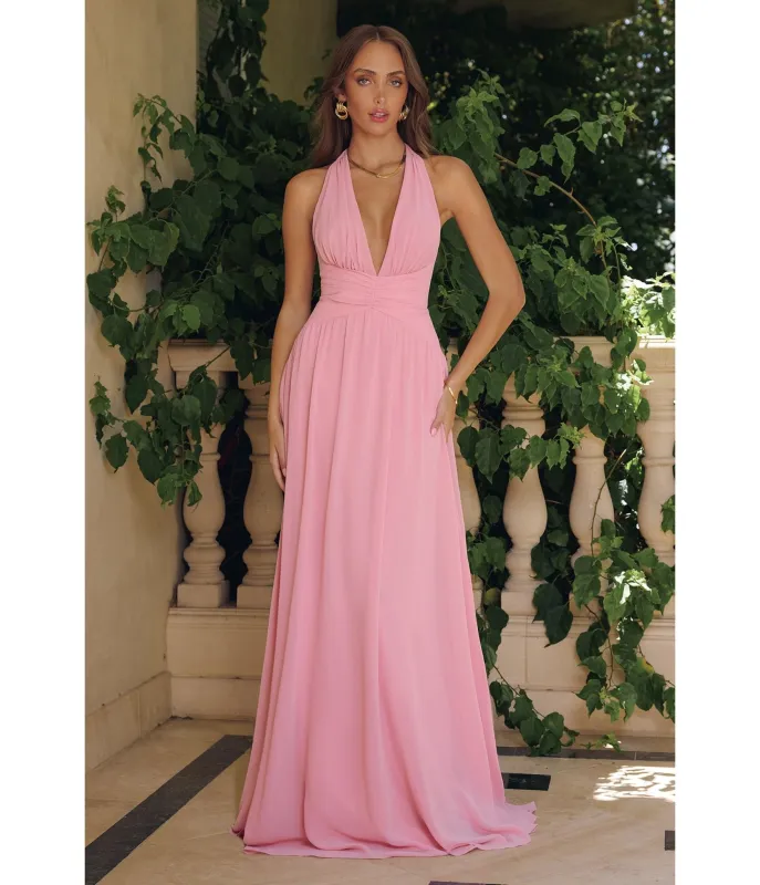 LaDivine by Cinderella Divine Dusty Rose Halter Neck Ruched Waist Gown for Prom & Weddings sold by Unique Vintage