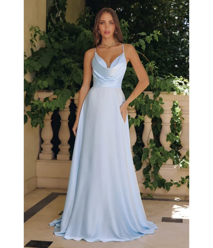 LaDivine by Cinderella Divine Light Blue Draped Cowl Neck Bridesmaid Gown with Criss-Cross Back made by Unique Vintage