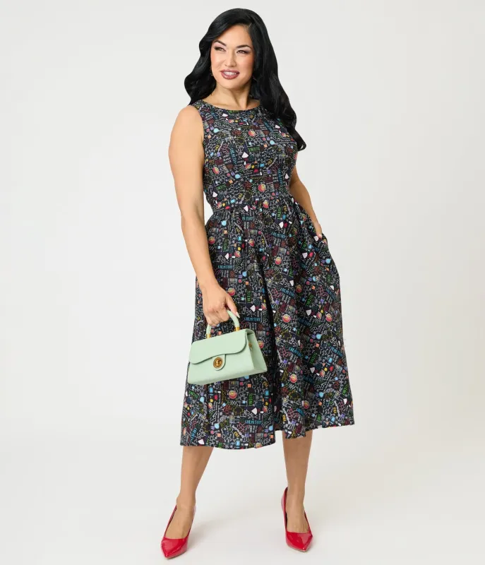 Retrolicious Black Science Print Cotton Midi Dress sold by Unique Vintage