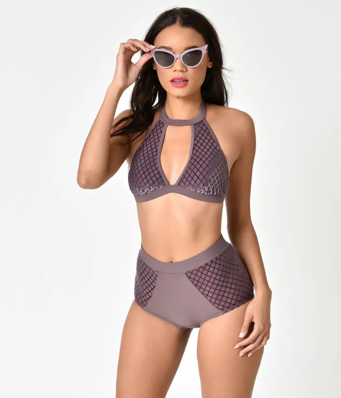 Retro Style Mauve Purple Velvet Halter Keyhole Swim Top sold by Unique Vintage