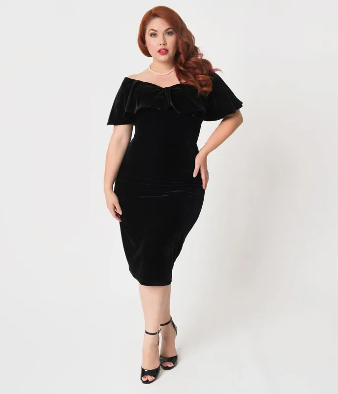 Unique Vintage Plus Size Black Velvet Draped Off Shoulder Sophia Wiggle Dress made by Unique Vintage