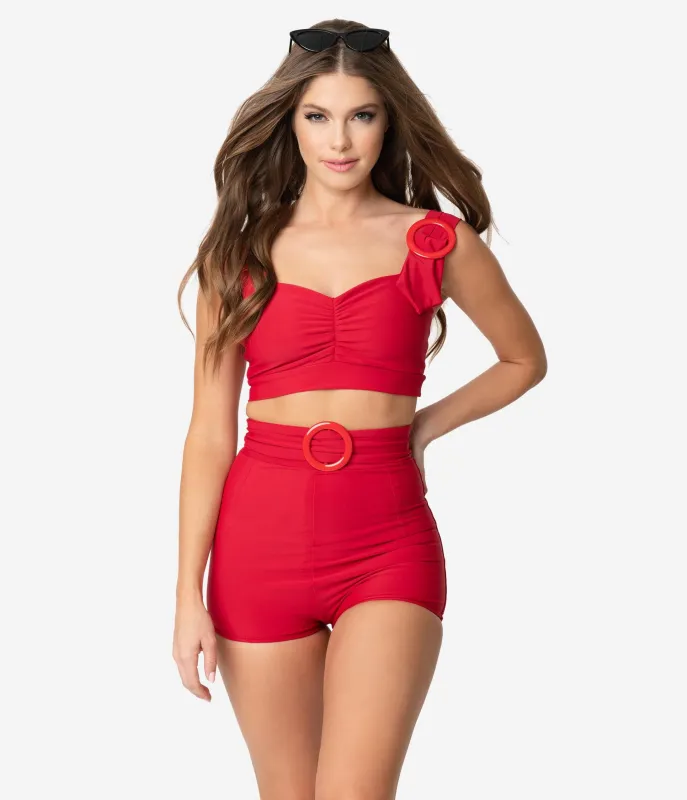 Retro Style Red Rounded Buckle High Waist Swim Shorts made by Unique Vintage