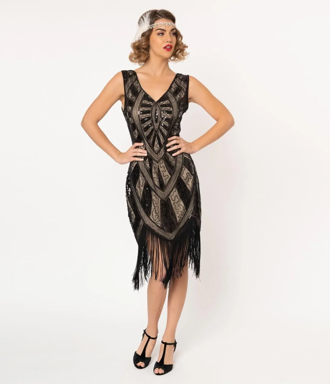 Unique Vintage 1920s Black & Beige Beaded Fringe Magdeleine Flapper Dress sold by Unique Vintage product image thumbnail 3