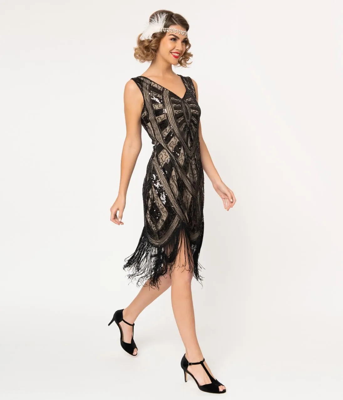 Unique Vintage 1920s Black & Beige Beaded Fringe Magdeleine Flapper Dress sold by Unique Vintage product image thumbnail 4