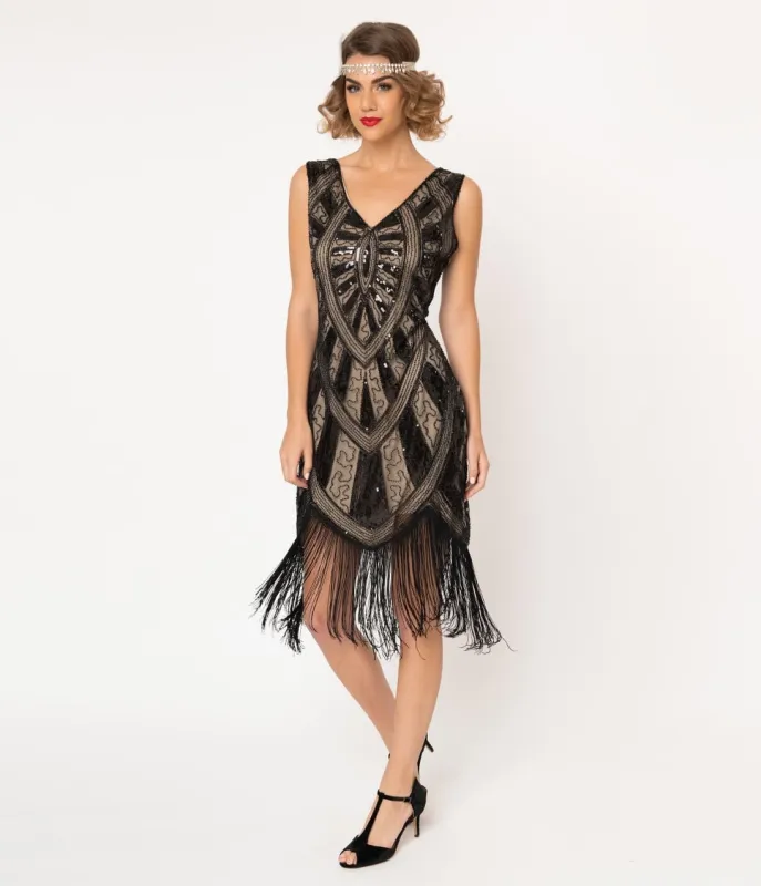Unique Vintage 1920s Black & Beige Beaded Fringe Magdeleine Flapper Dress sold by Unique Vintage
