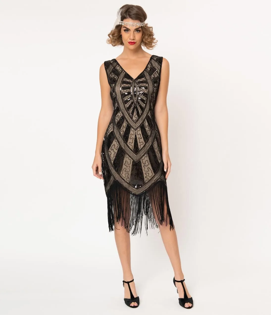 Unique Vintage 1920s Black & Beige Beaded Fringe Magdeleine Flapper Dress sold by Unique Vintage product image thumbnail 5