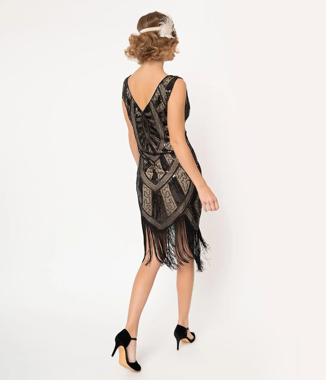 Unique Vintage 1920s Black & Beige Beaded Fringe Magdeleine Flapper Dress sold by Unique Vintage product image thumbnail 2
