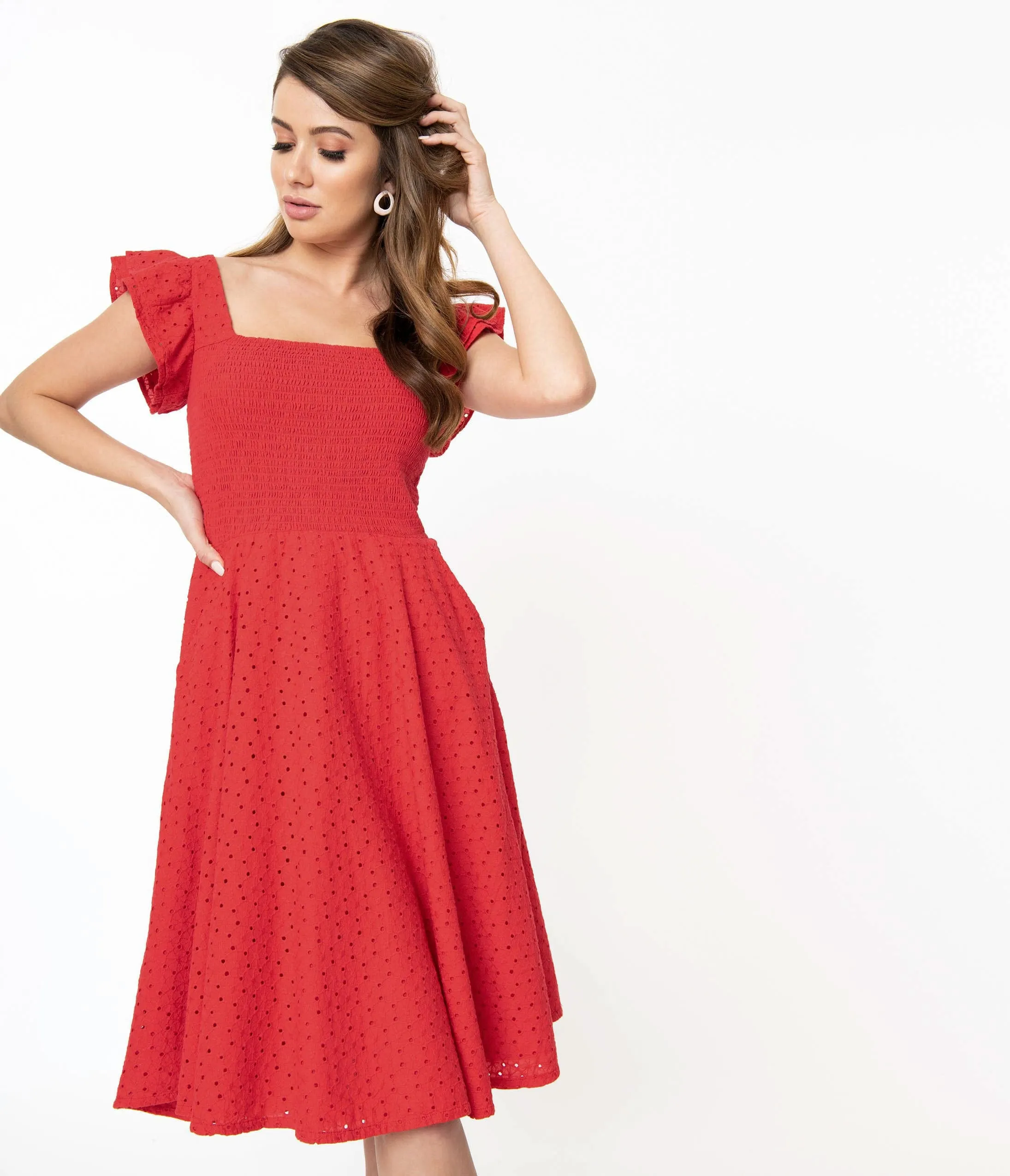 Red Eyelet Lace Smocked Raphaella Swing Dress sold by Unique Vintage product image thumbnail 4