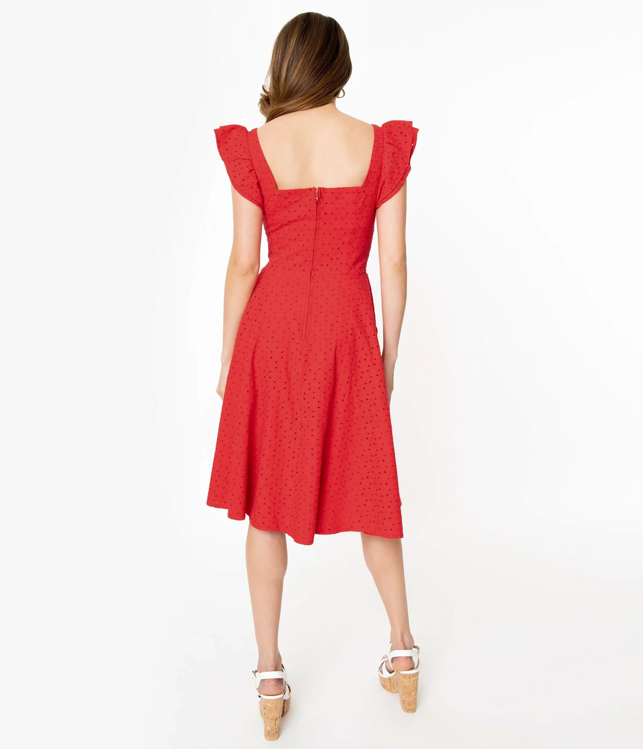 Red Eyelet Lace Smocked Raphaella Swing Dress sold by Unique Vintage product image thumbnail 2