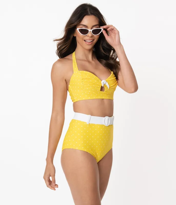 Unique Vintage Yellow & White Pin Dot Belted Retro Redondo Swim Bottoms made by Unique Vintage