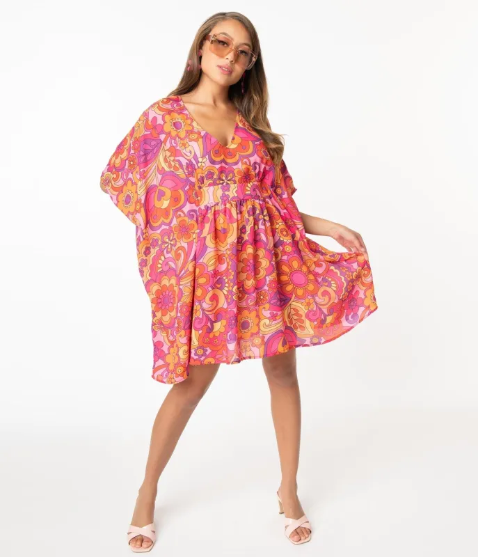 Smak Parlour 1970s Pink Far-Out Floral Print Roper Caftan sold by Unique Vintage