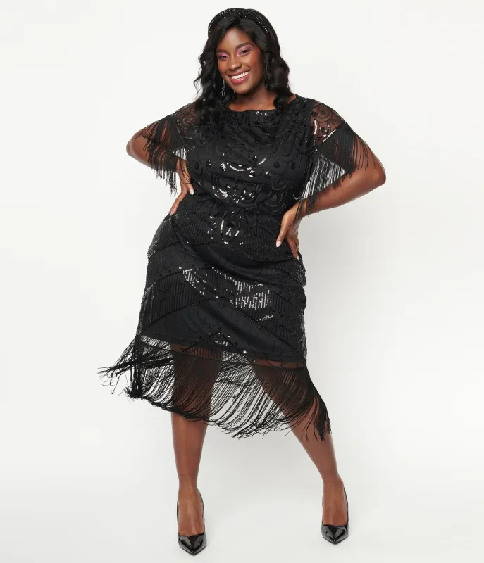 Unique Vintage Plus Size 1920s Black Sequin Fringe Sleeved Laure Flapper Dress sold by Unique Vintage