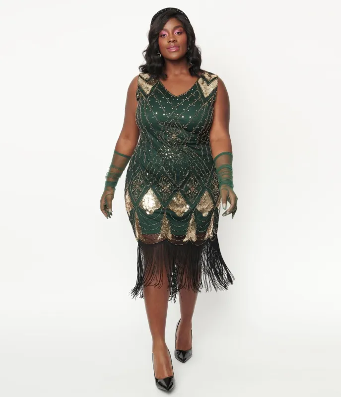Unique Vintage Plus Size 1920s Emerald & Gold Sequin Lina Flapper Dress sold by Unique Vintage