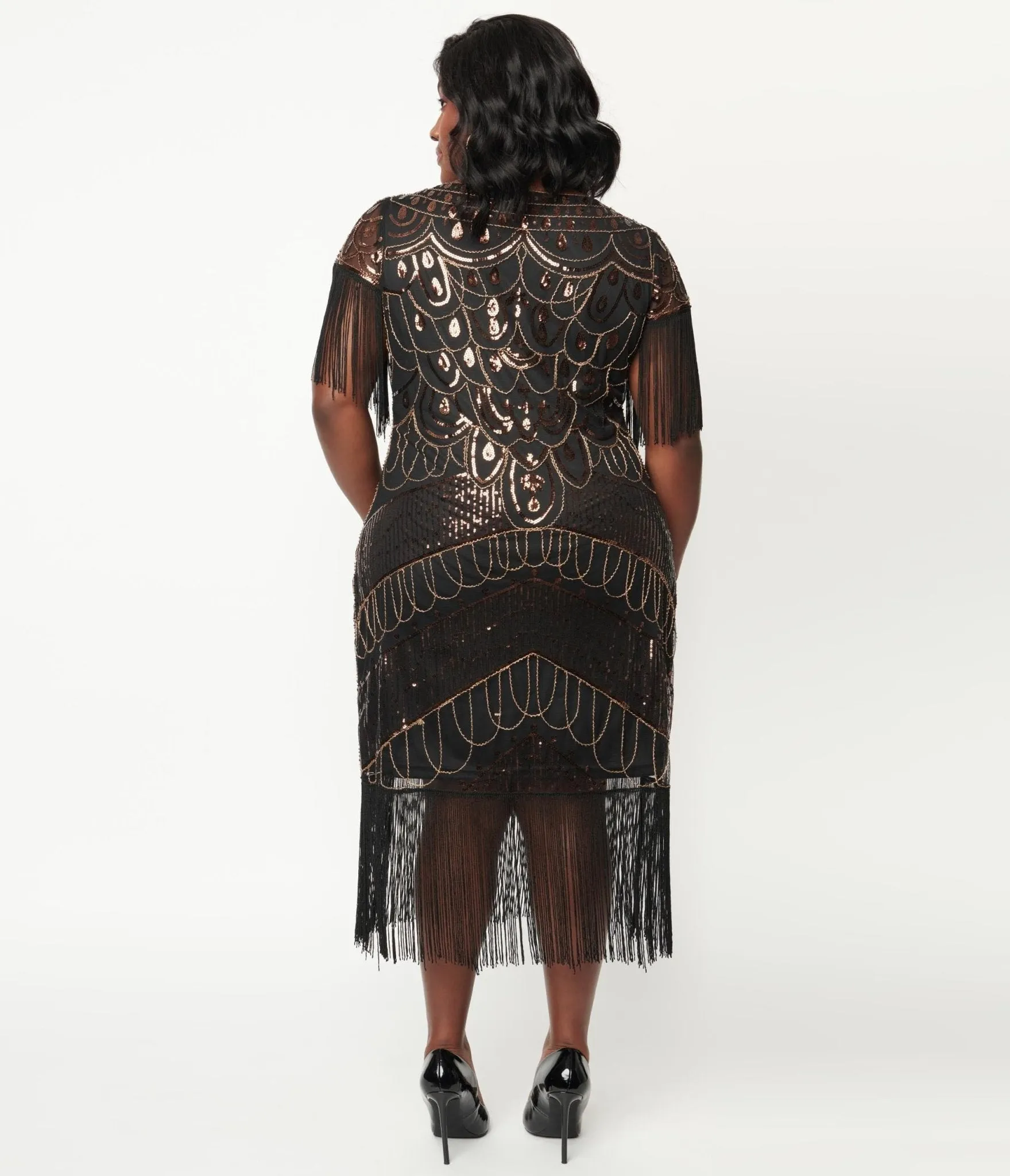 Unique Vintage Plus Size 1920s Black & Bronze Sequin Sleeved Laure Flapper Dress sold by Unique Vintage product image thumbnail 3