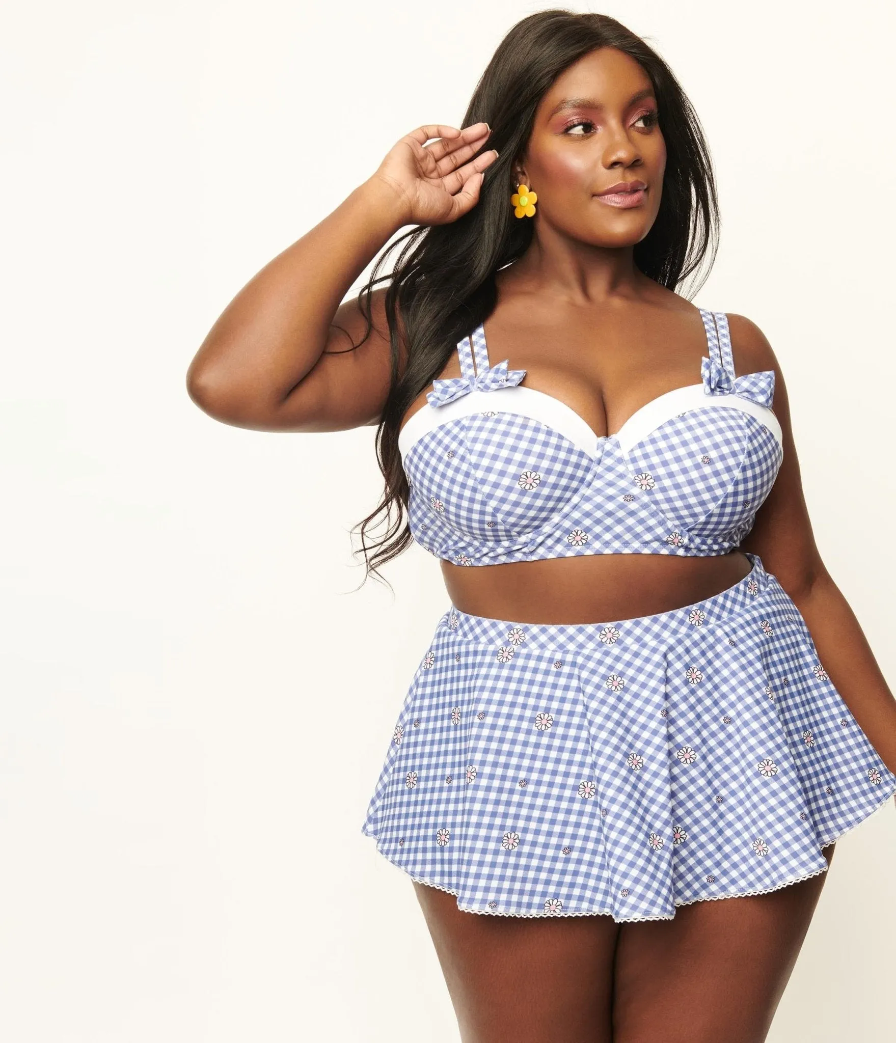Unique Vintage Plus Size Blue Gingham & Daisy Bowed Over Swim Top sold by Unique Vintage product image thumbnail 3