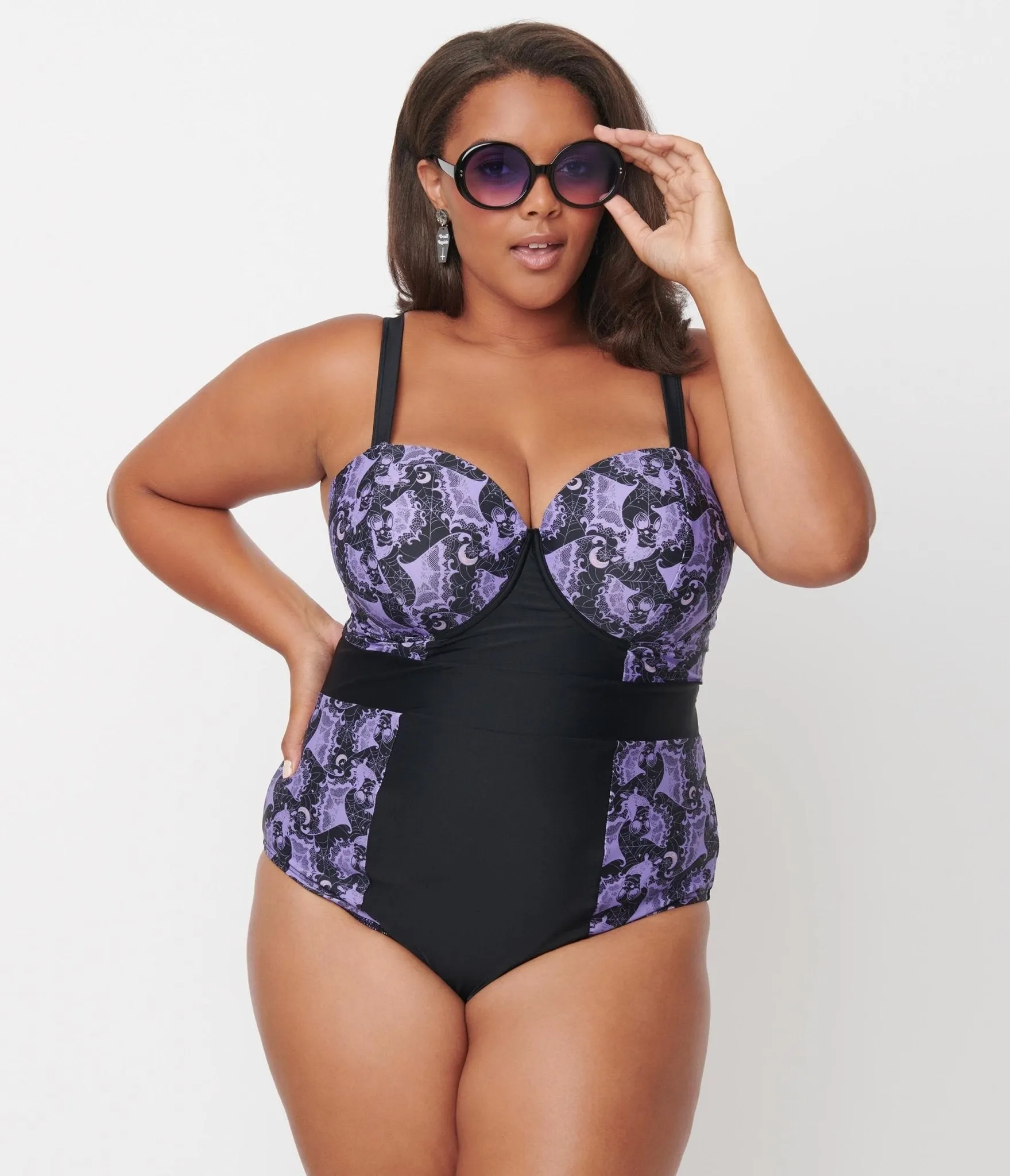 Unique Vintage Plus Size Purple Lacy Bats Pin-Up Clemente Swimsuit sold by Unique Vintage