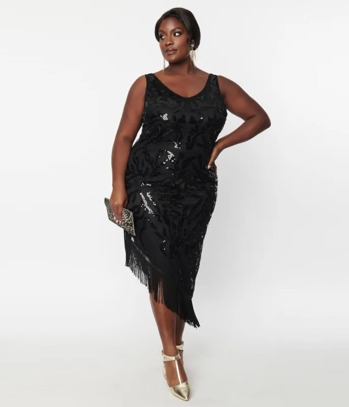 Unique Vintage Plus Size 1920s Black Beaded Asymmetrical Fringe Flapper Dress made by Unique Vintage