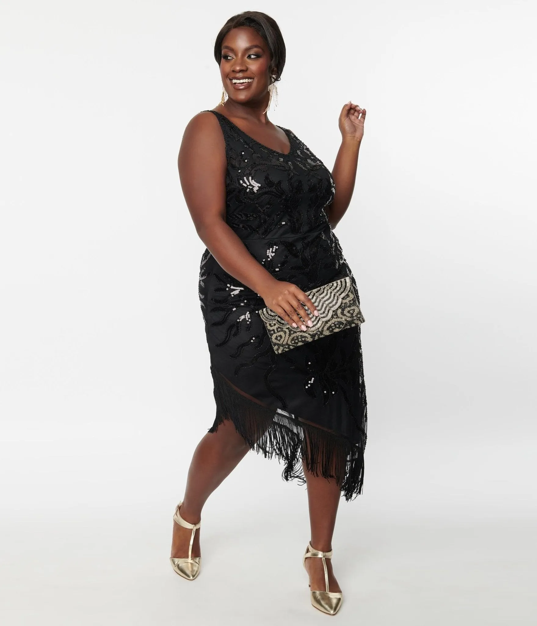 Unique Vintage Plus Size 1920s Black Beaded Asymmetrical Fringe Flapper Dress sold by Unique Vintage product image thumbnail 5