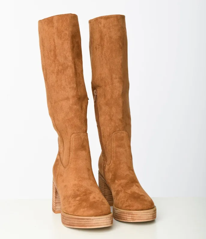1970s Brown Suede Knee High Platform Boots sold by Unique Vintage