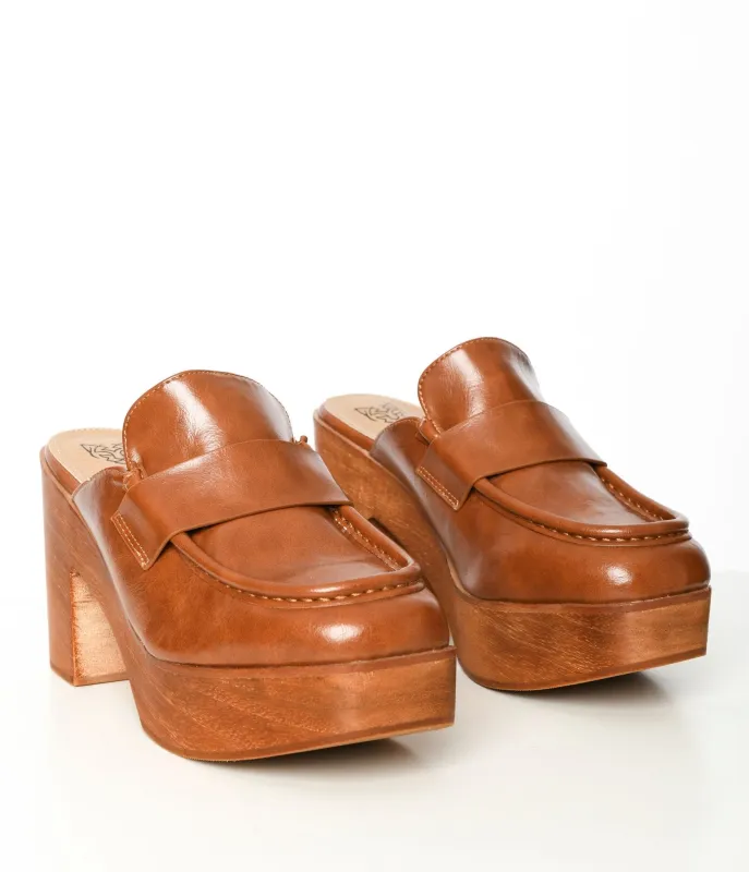 1970s Camel Brown Platform Loafer Clogs sold by Unique Vintage