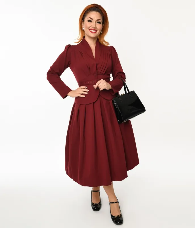 1940s Maroon Jemima Two Piece Jacket & Midi Skirt Set made by Unique Vintage