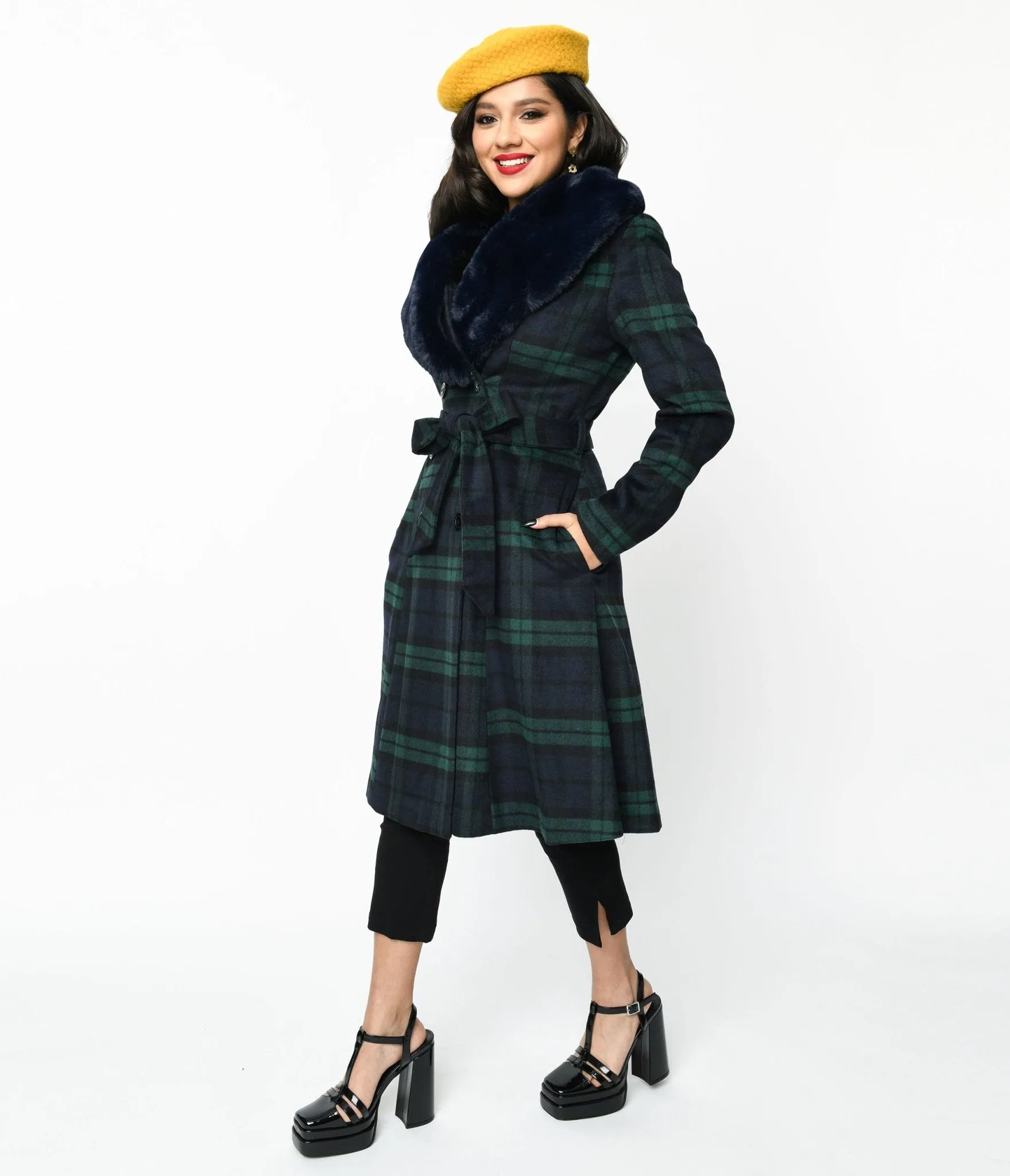 Voodoo Vixen Navy & Green Tartan Fur Collar Dress Coat sold by Unique Vintage product image thumbnail 2