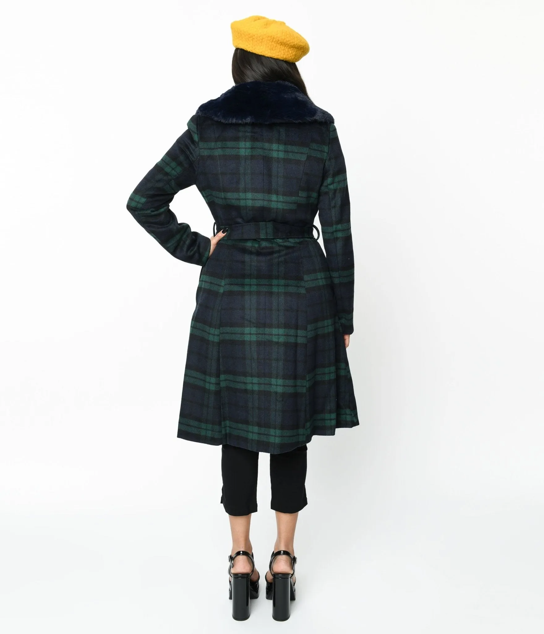 Voodoo Vixen Navy & Green Tartan Fur Collar Dress Coat sold by Unique Vintage product image thumbnail 3