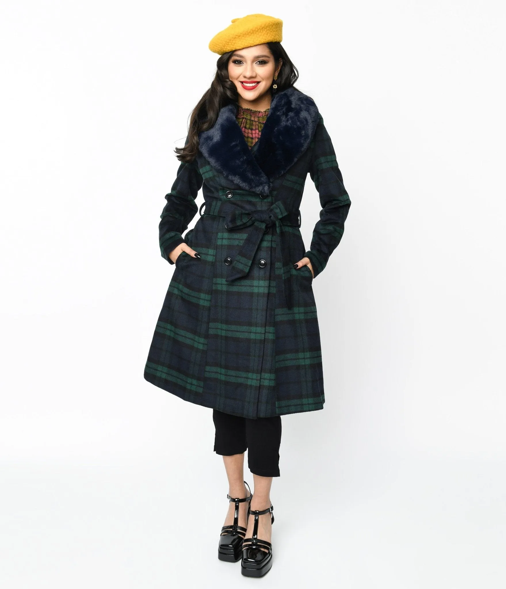 Voodoo Vixen Navy & Green Tartan Fur Collar Dress Coat sold by Unique Vintage