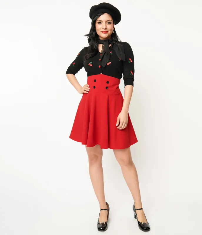 Red High Waist Swing Skirt sold by Unique Vintage