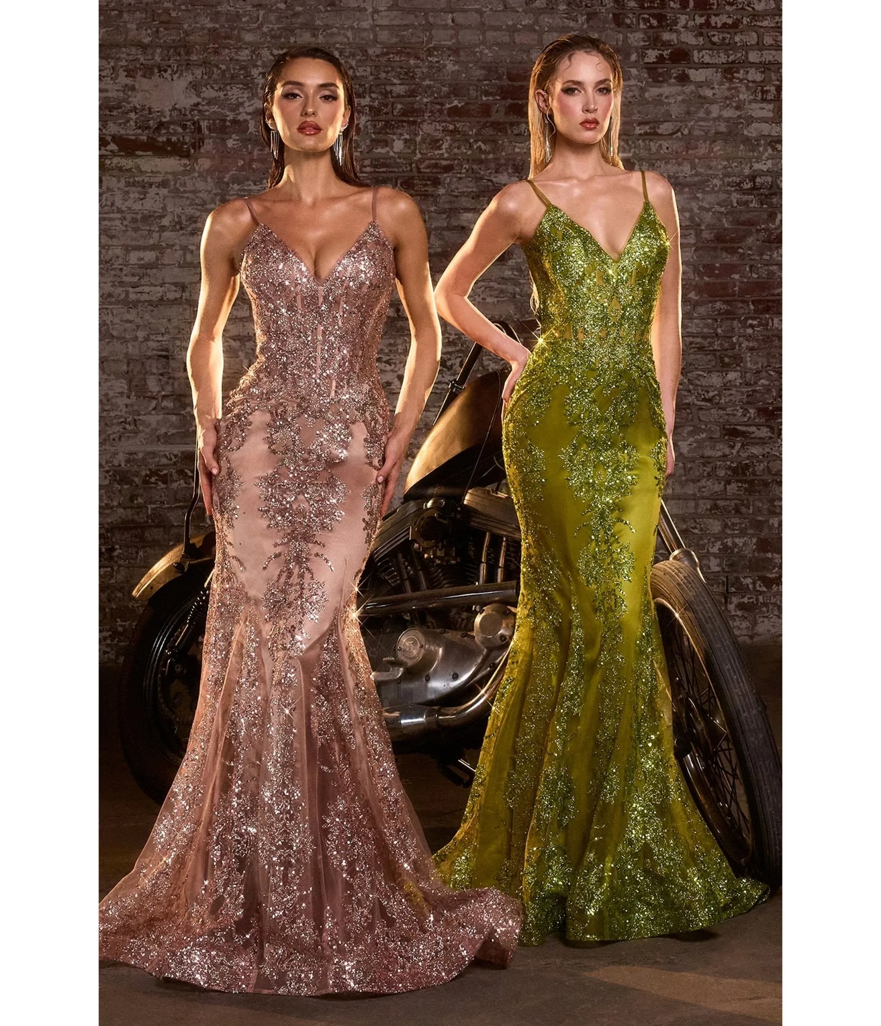 LaDivine by Cinderella Divine Greenery Sequin-Appliqué Mermaid Gown with V-Neck Sheer Bodice sold by Unique Vintage