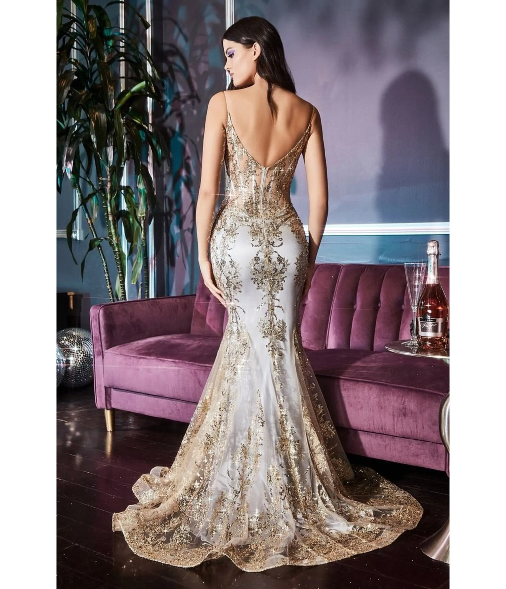 LaDivine by Cinderella Divine Gold Mist Sequin-Appliqué Mermaid Gown with V-Neck Sheer Bodice sold by Unique Vintage product image thumbnail 3