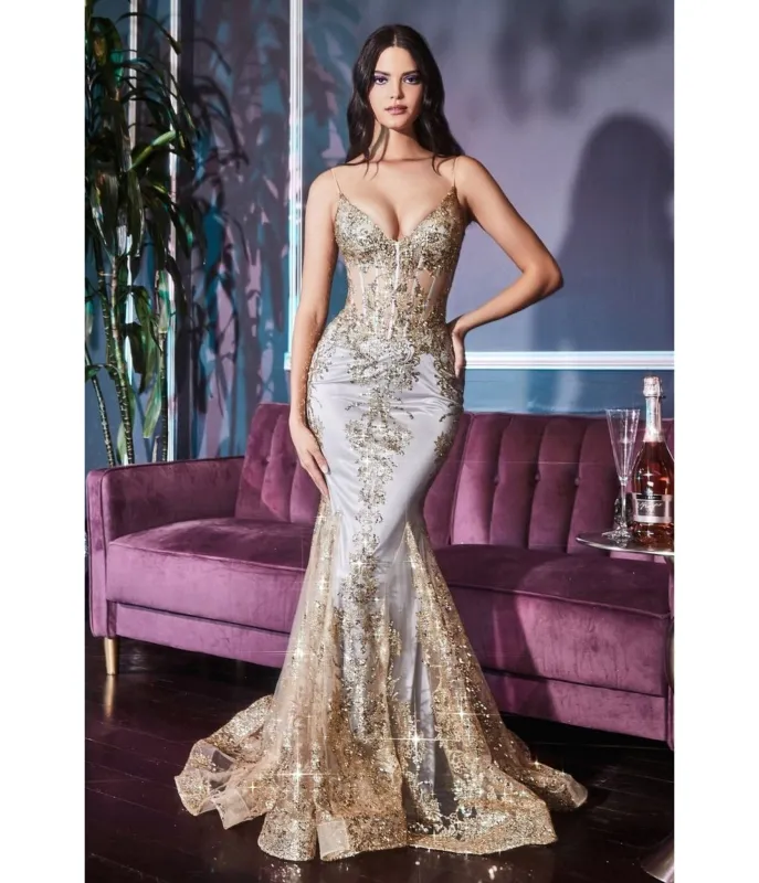 LaDivine by Cinderella Divine Gold Mist Sequin-Appliqué Mermaid Gown with V-Neck Sheer Bodice sold by Unique Vintage