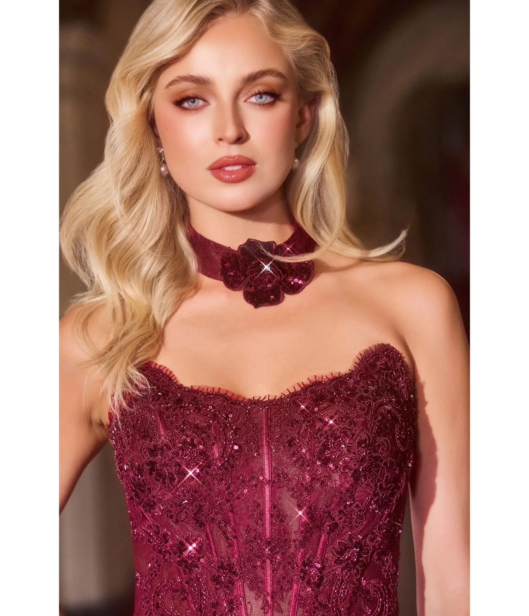 LaDivine by Cinderella Divine Burgundy Strapless Beaded Lace Appliqués Evening Gown sold by Unique Vintage product image thumbnail 3