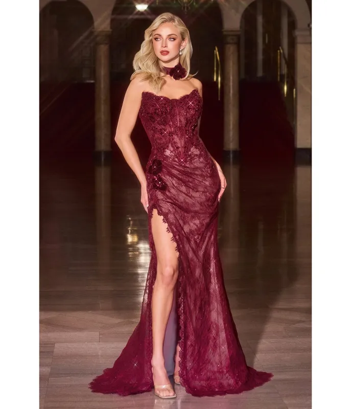 LaDivine by Cinderella Divine Burgundy Strapless Beaded Lace Appliqués Evening Gown sold by Unique Vintage