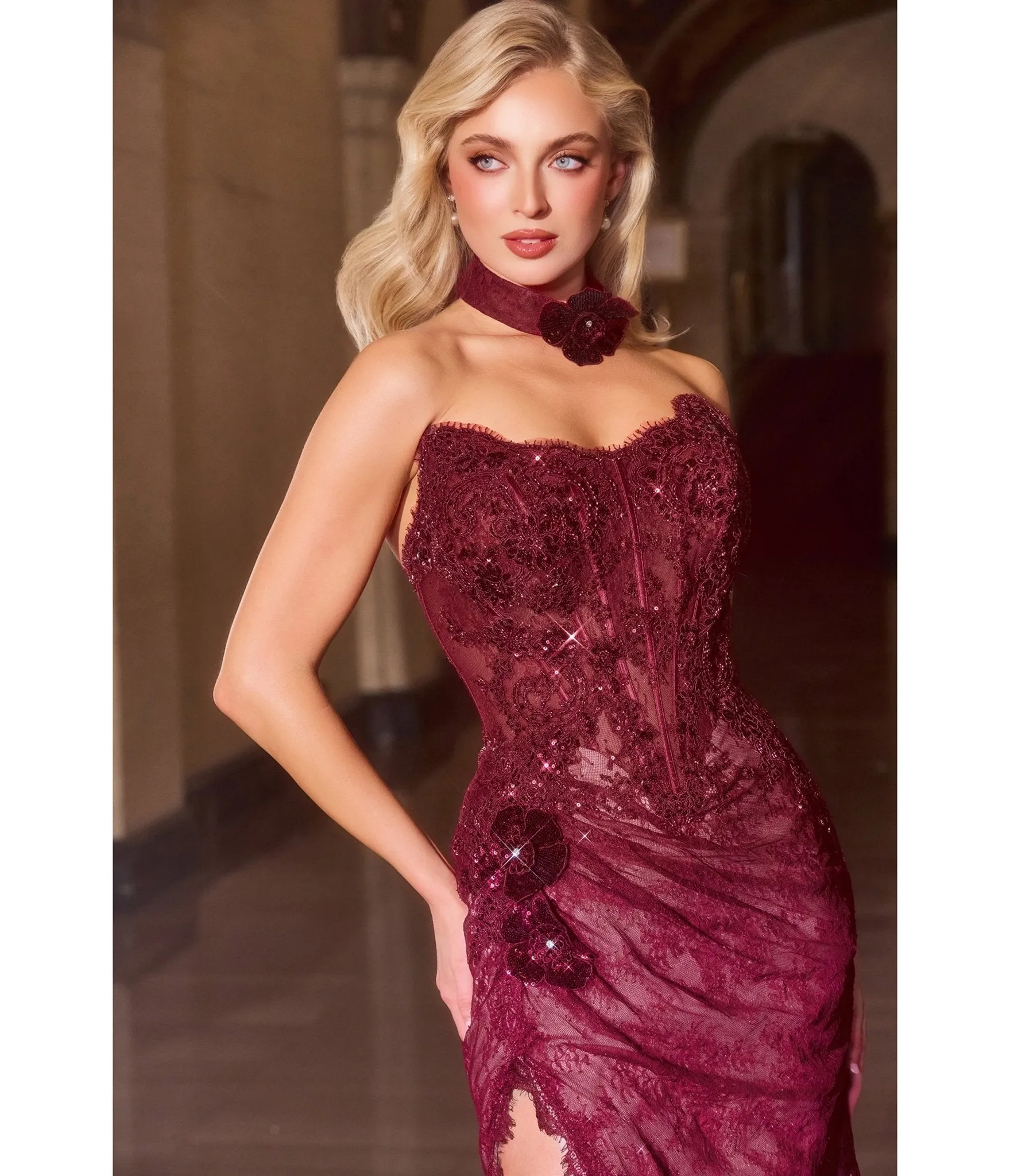 LaDivine by Cinderella Divine Burgundy Strapless Beaded Lace Appliqués Evening Gown sold by Unique Vintage product image thumbnail 4