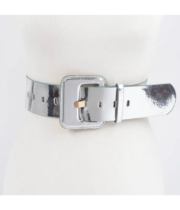 Silver Patent Leatherette Square Belt sold by Unique Vintage