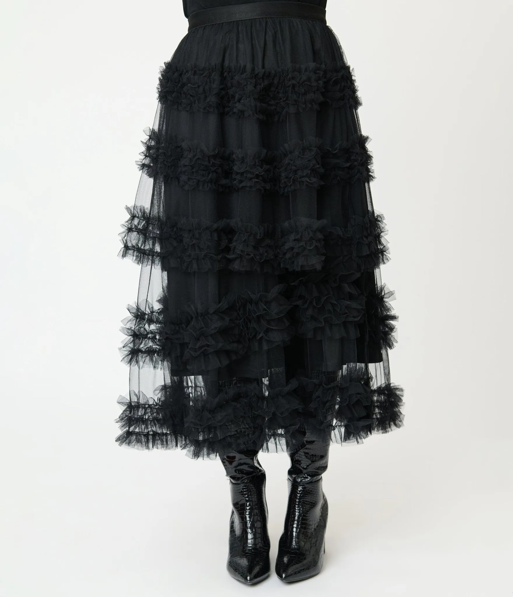 Black Mesh Ruffled Tier Midi Skirt sold by Unique Vintage product image thumbnail 2