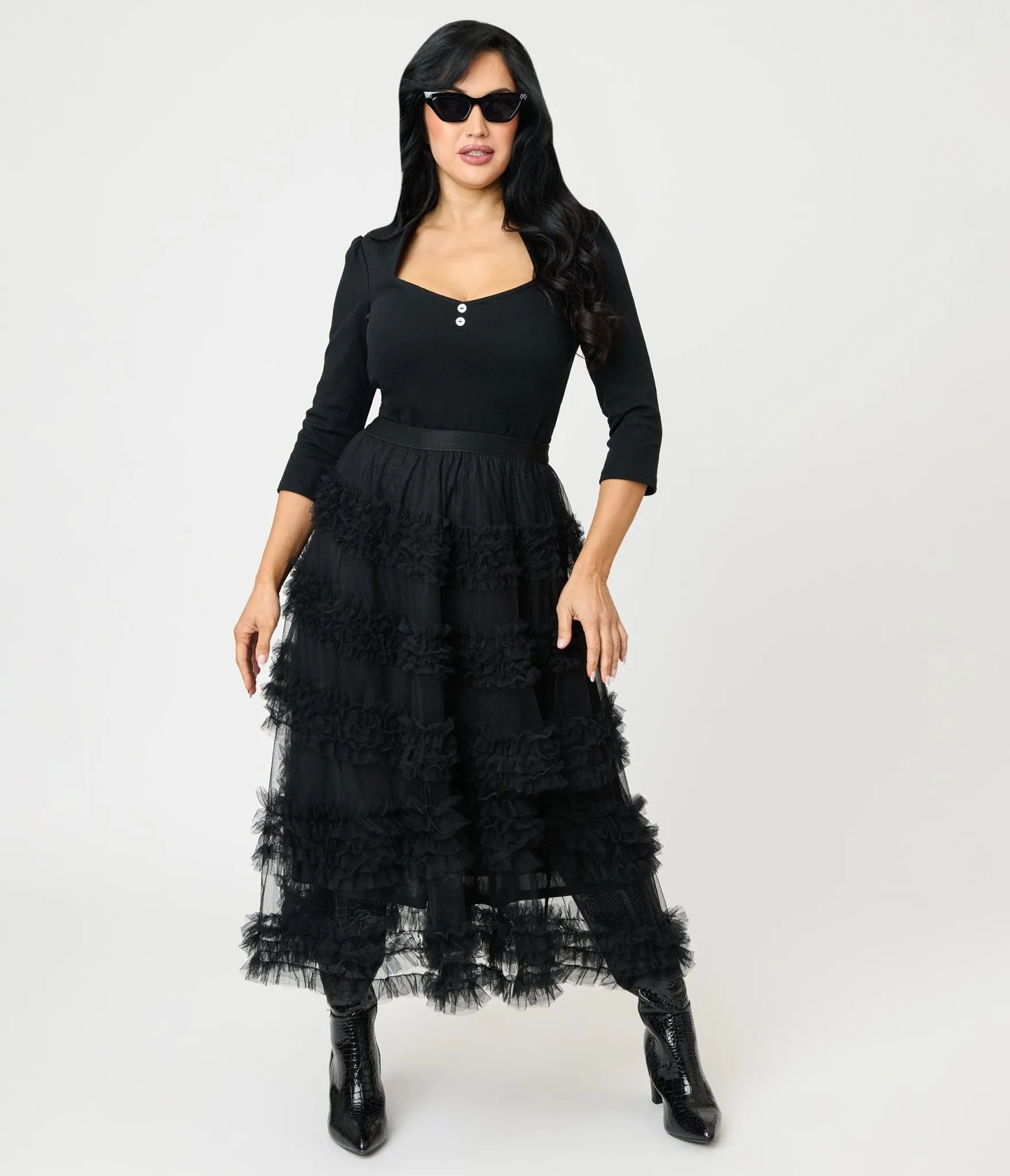 Black Mesh Ruffled Tier Midi Skirt sold by Unique Vintage product image thumbnail 5