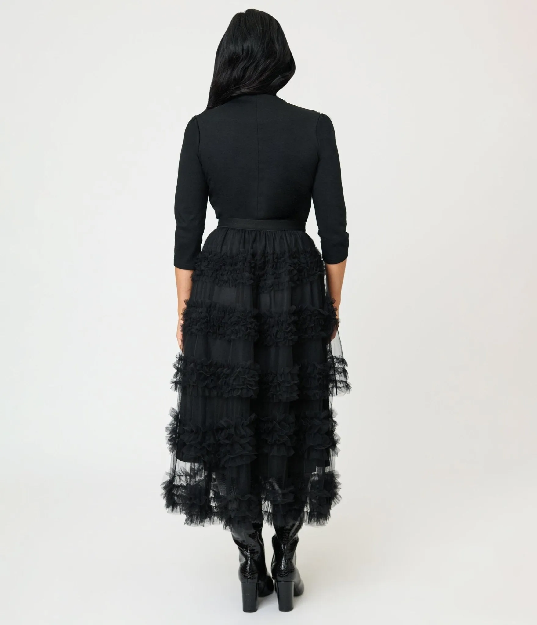 Black Mesh Ruffled Tier Midi Skirt sold by Unique Vintage product image thumbnail 3