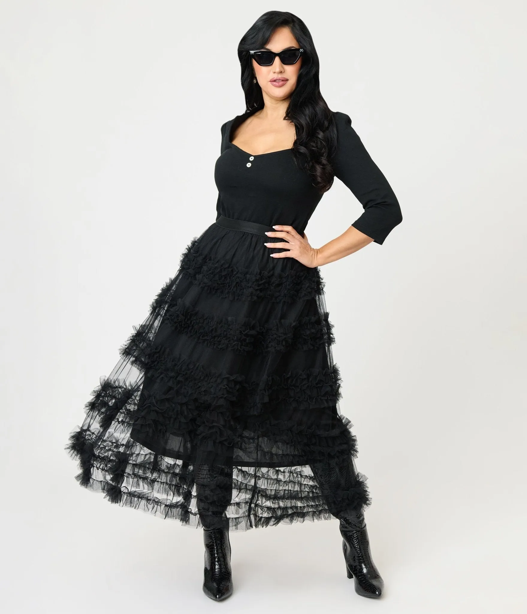 Black Mesh Ruffled Tier Midi Skirt sold by Unique Vintage product image thumbnail 4